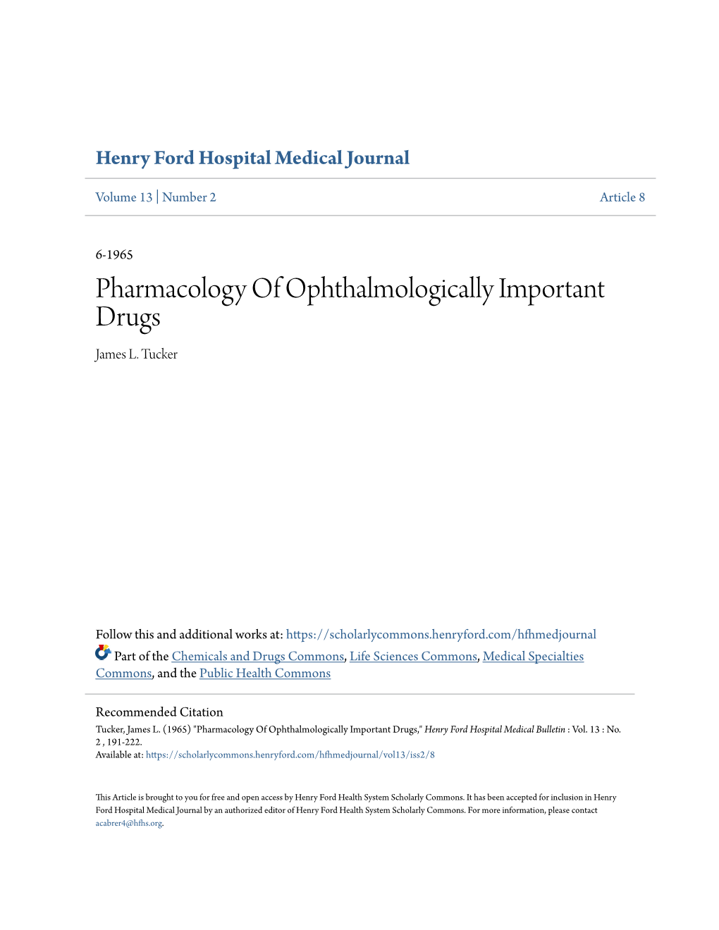 Pharmacology of Ophthalmologically Important Drugs James L