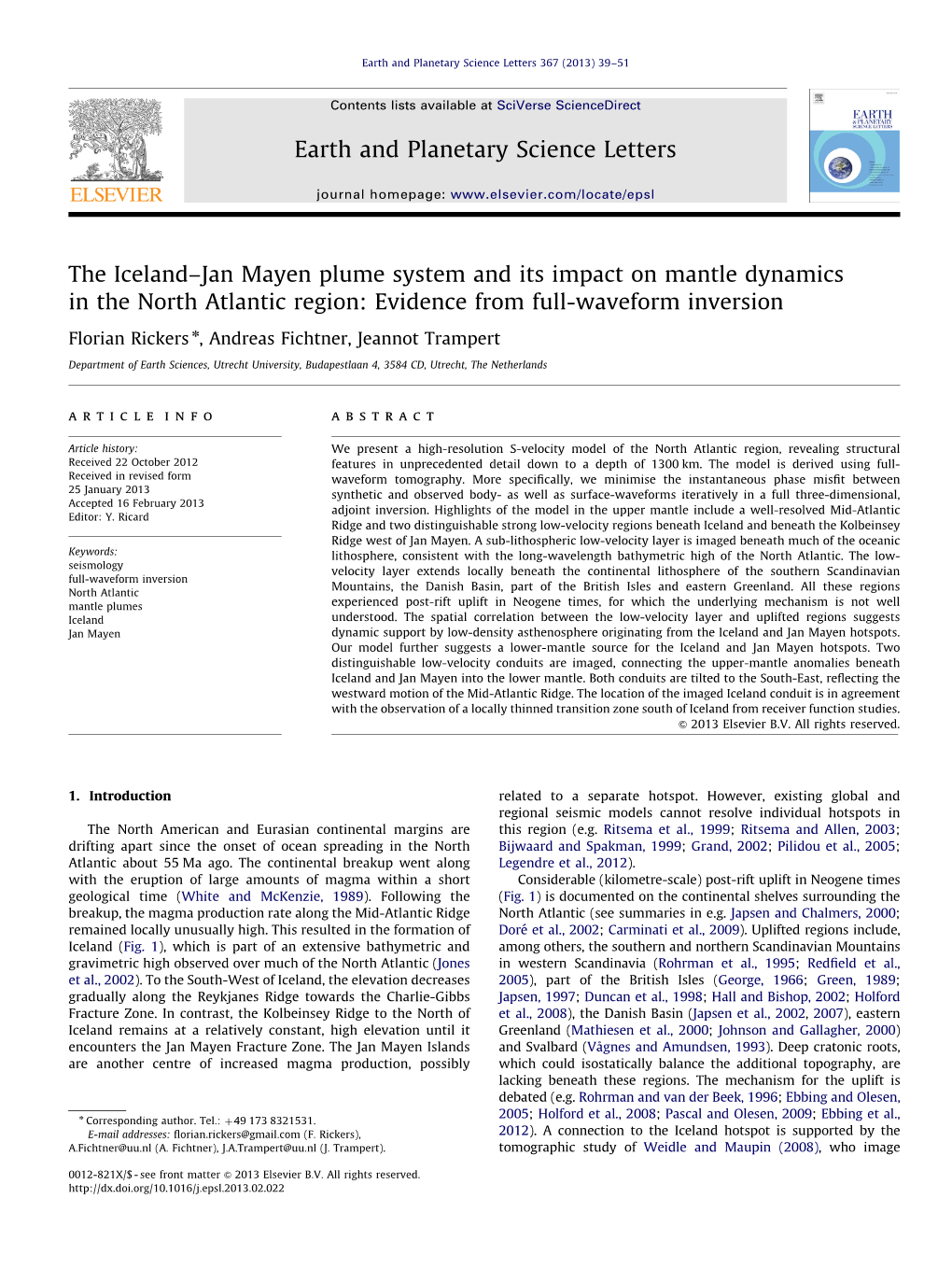 The Iceland–Jan Mayen Plume System and Its Impact on Mantle Dynamics in the North Atlantic Region: Evidence from Full-Waveform Inversion