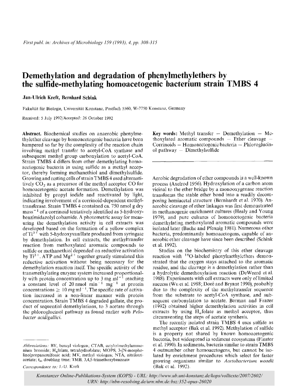 Demethylation and Degradation of Phenylmethylethers by the Sulfide-Methylating Homoacetogenic Bacterium Strain TMBS 4