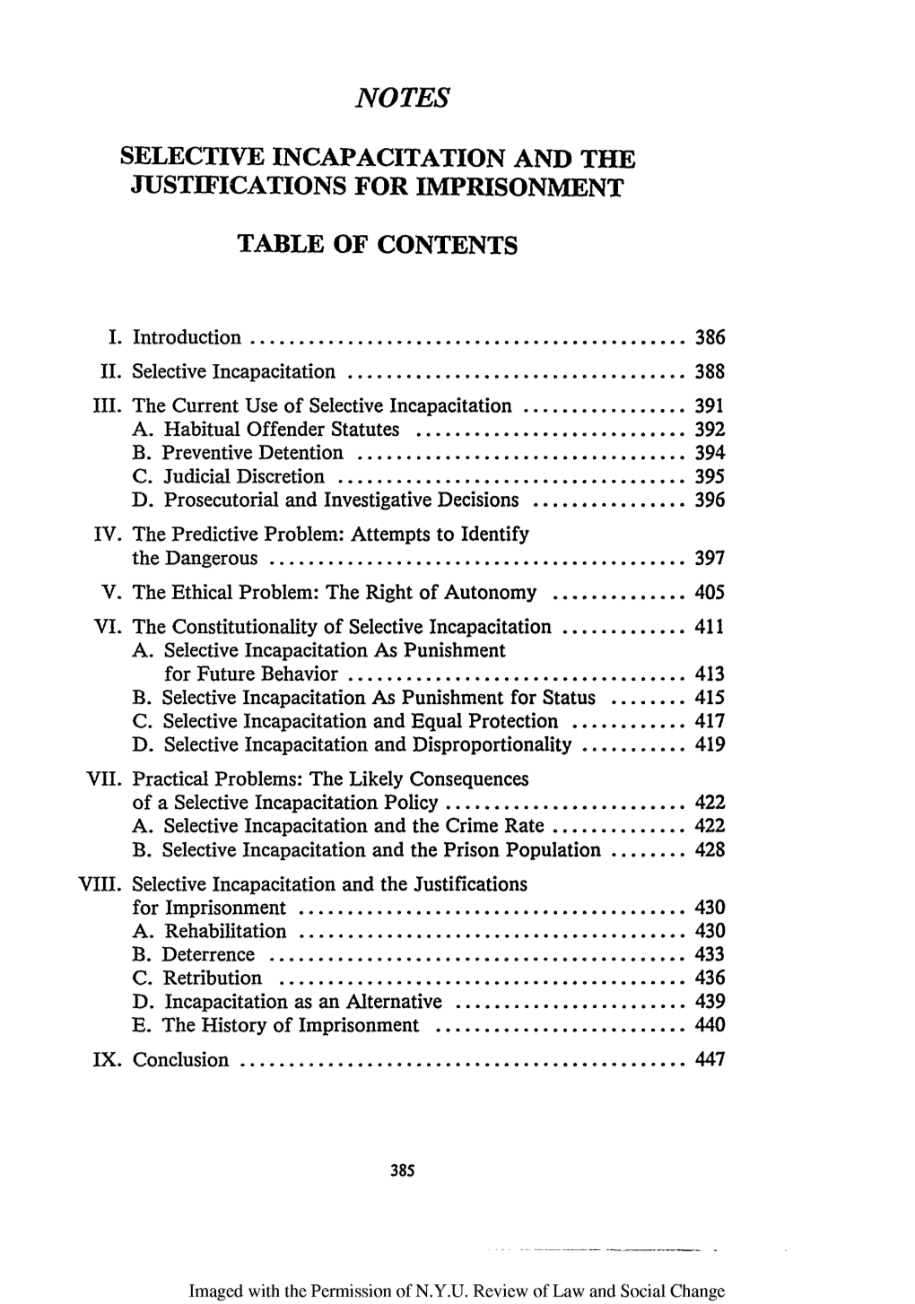Selective Incapacitation and the Justifications for Imprisonment Table of Contents