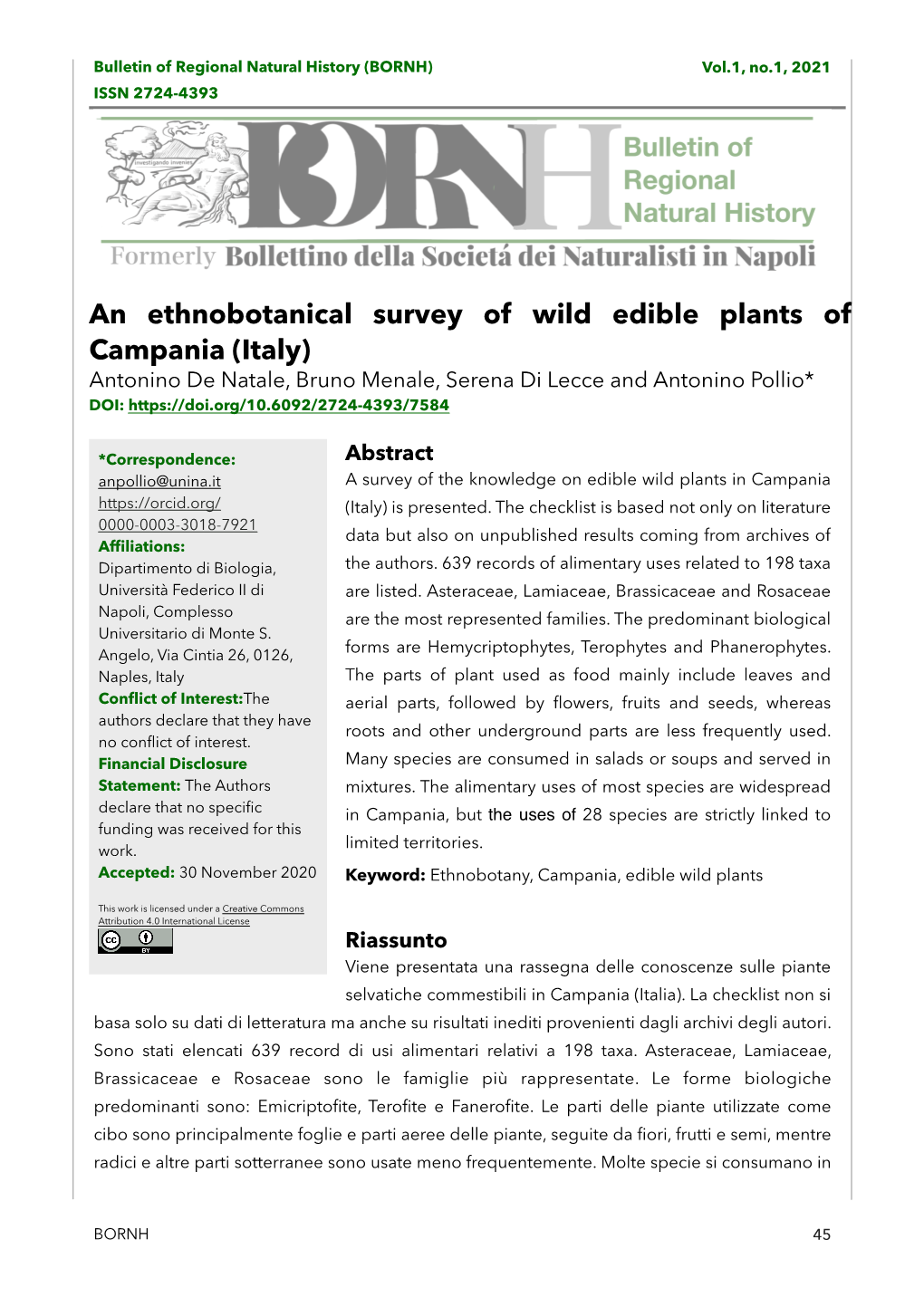 An Ethnobotanical Survey of Wild Edible Plants of Campania (Italy)