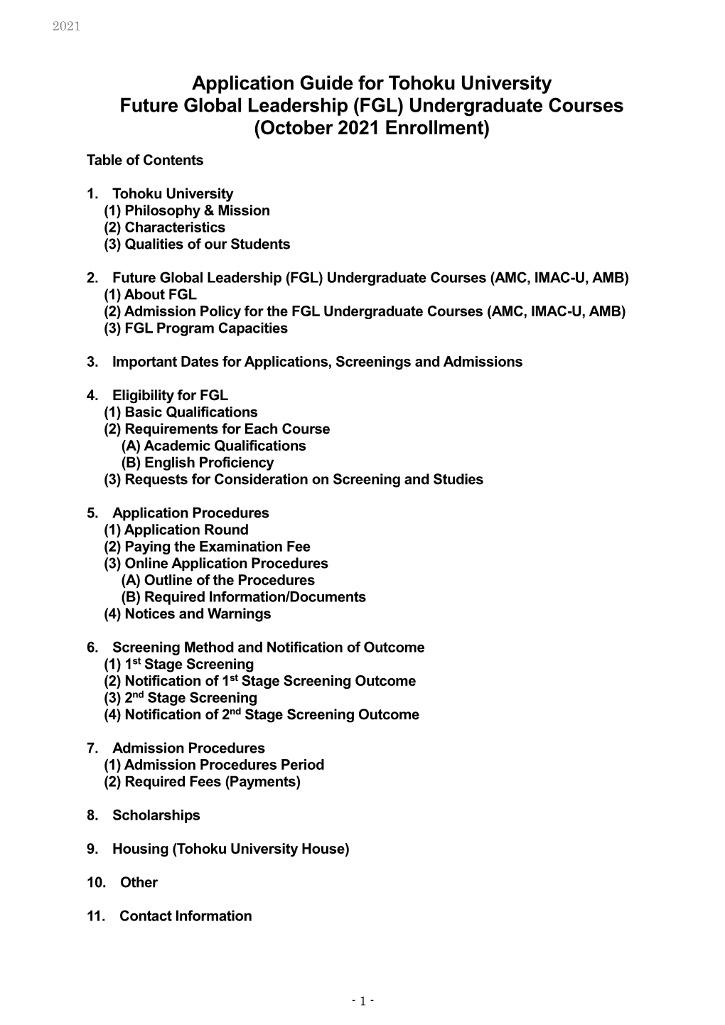 Application Guide for Tohoku University Future Global Leadership (FGL) Undergraduate Courses (October 2021 Enrollment)