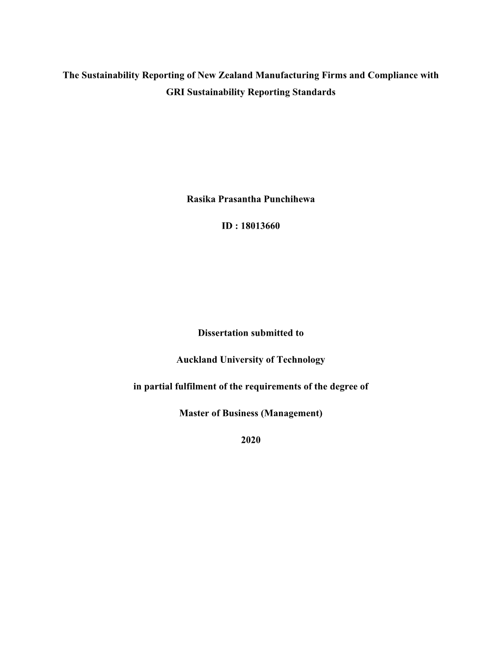 The Sustainability Reporting of New Zealand Manufacturing Firms and Compliance with GRI Sustainability Reporting Standards