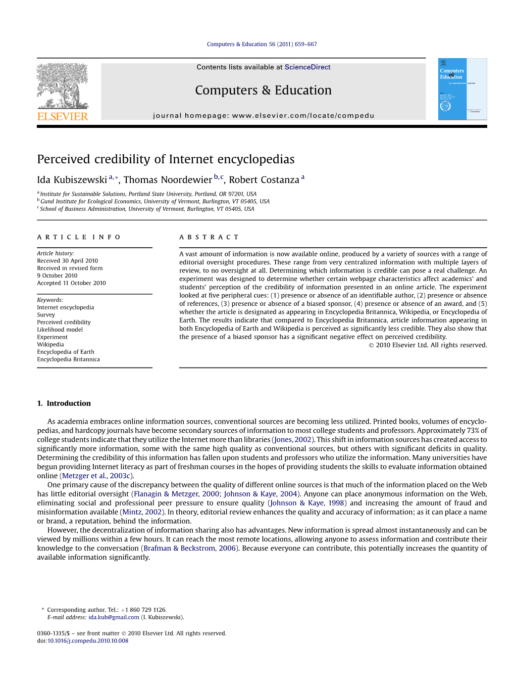 Perceived Credibility of Internet Encyclopedias