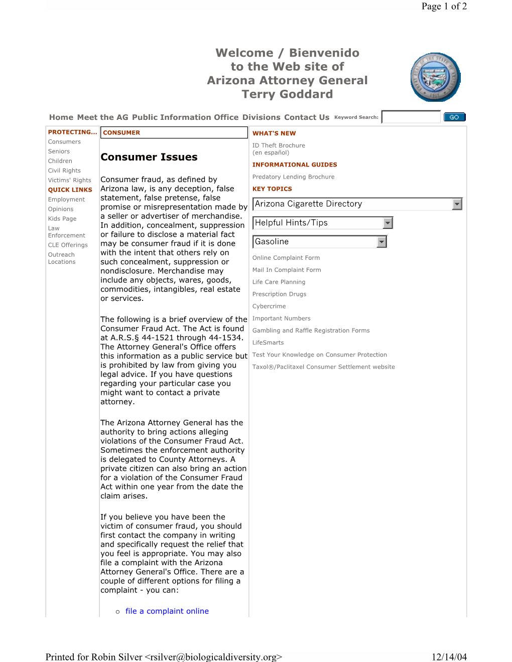 Bienvenido to the Web Site of Arizona Attorney General Terry Goddard
