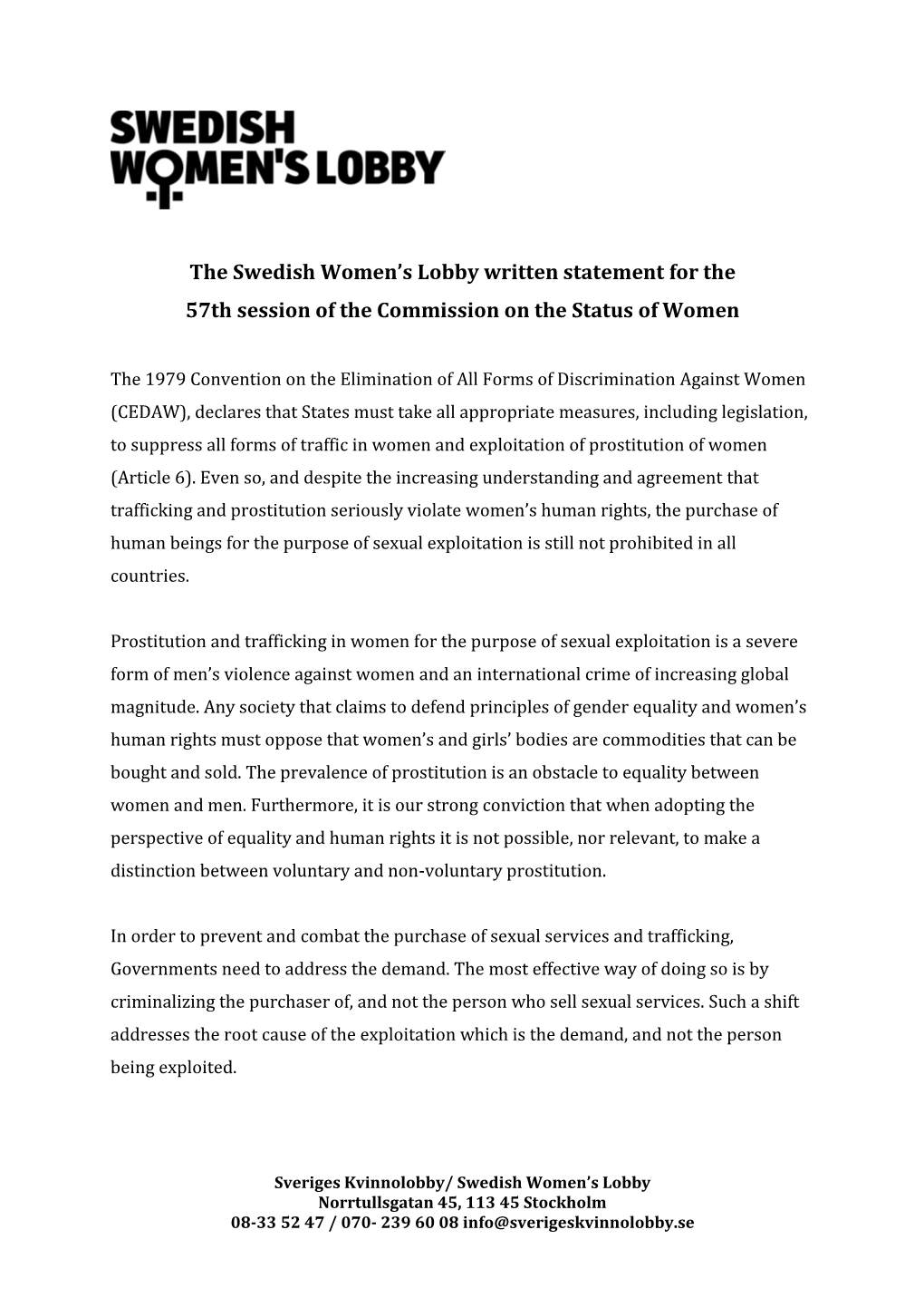 The Swedish Women's Lobby Written Statement for the 57Th Session of The