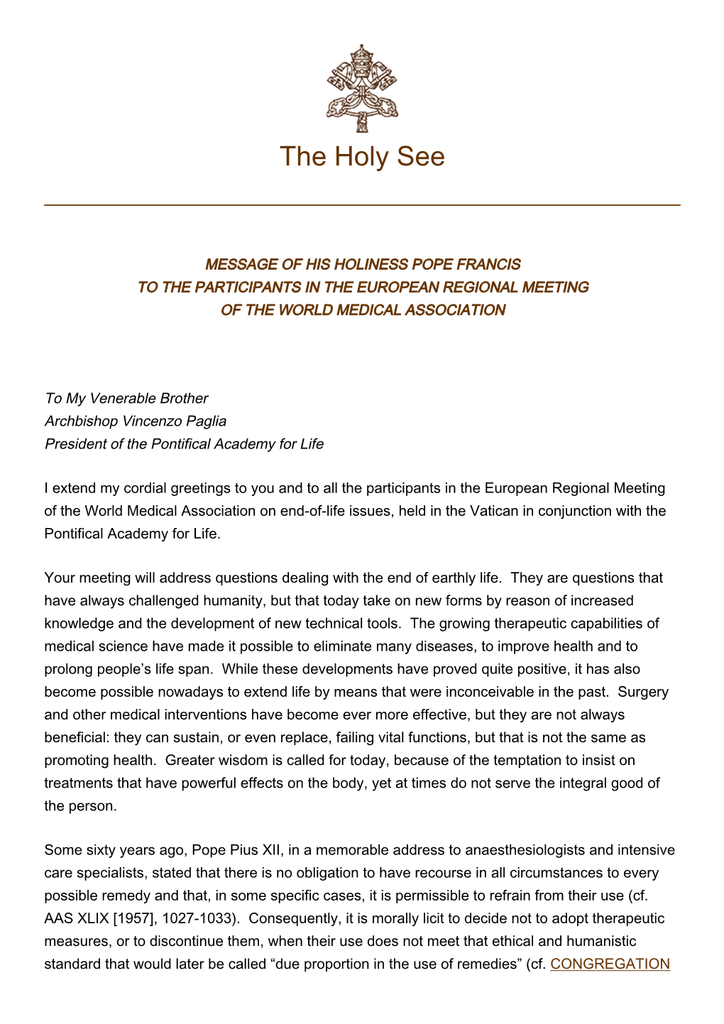 Message of His Holiness Pope Francis to the Participants in the European Regional Meeting of the World Medical Association