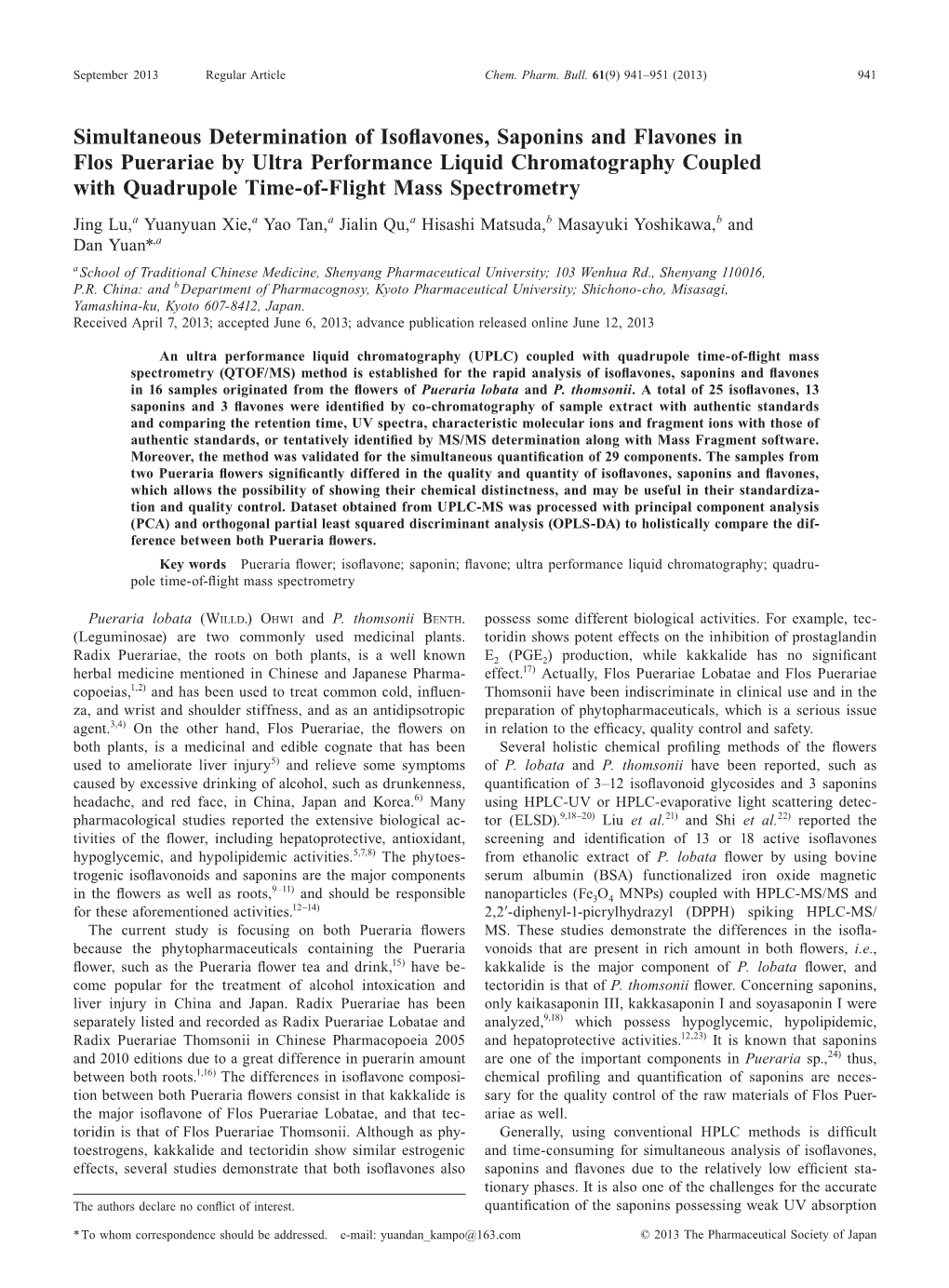 Simultaneous Determination of Isoflavones, Saponins And