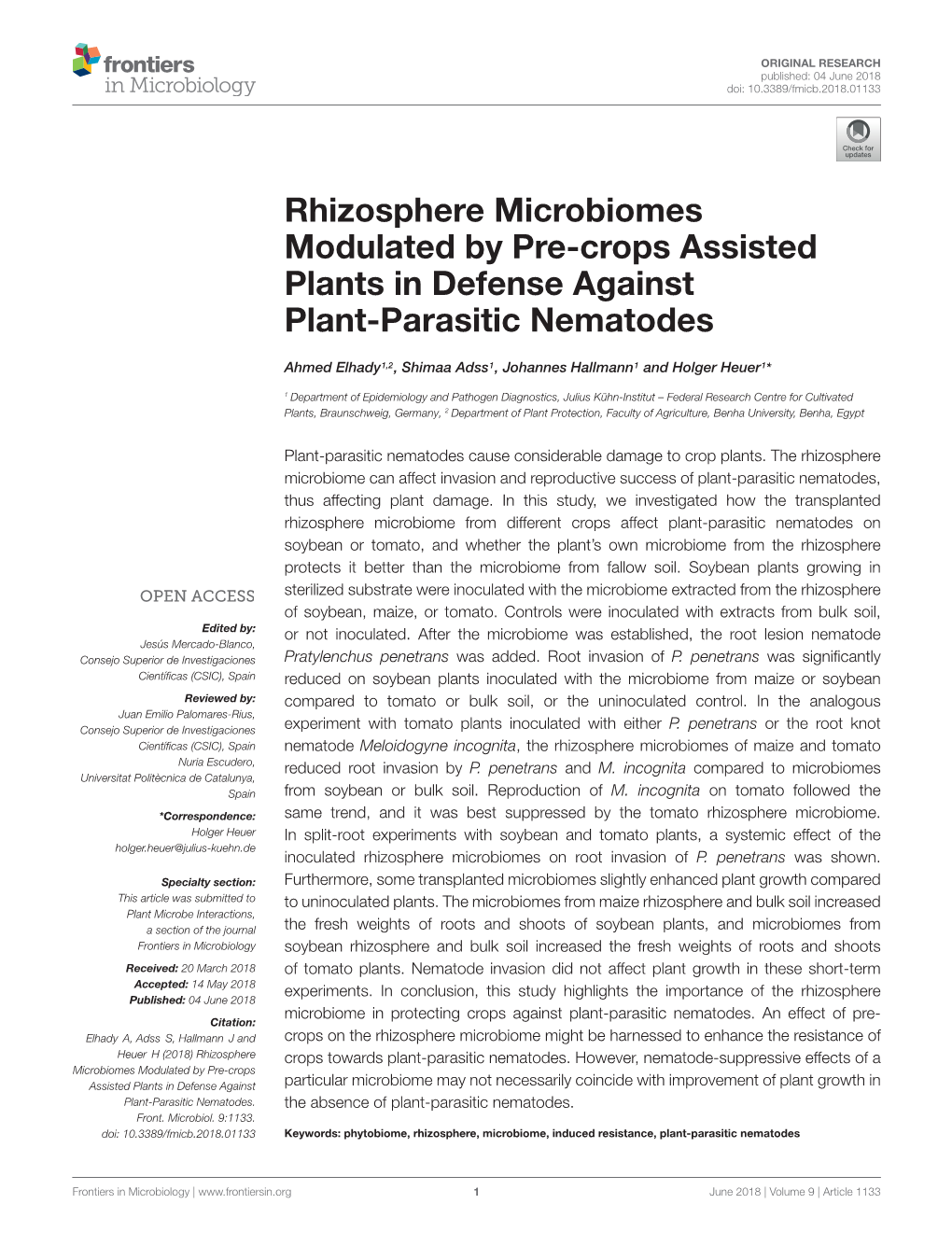 Rhizosphere Microbiomes Modulated by Pre-Crops Assisted Plants in Defense Against Plant-Parasitic Nematodes