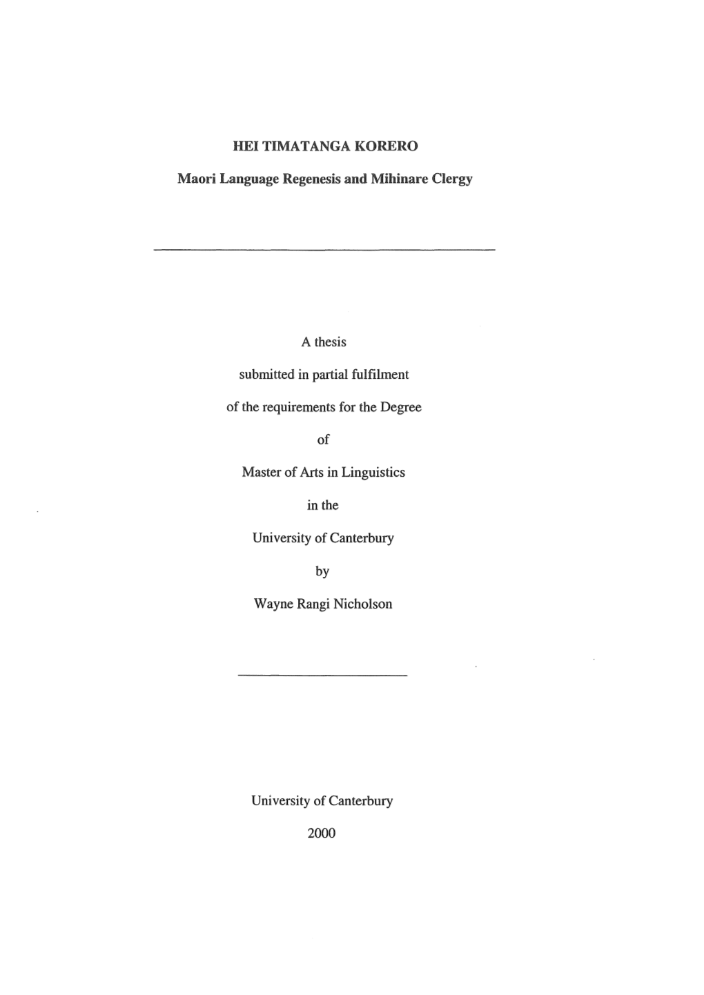 Language Regenesis a Thesis Submitted in Partial Fulfilment of the Re