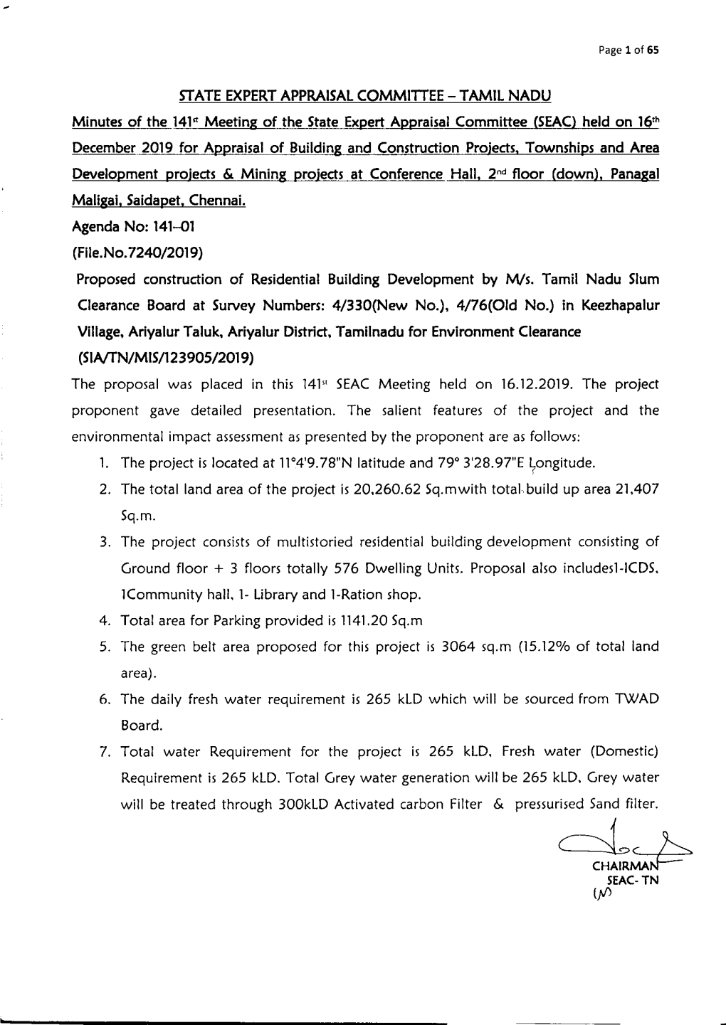 (Fl Mrn/Mrt/R 2 3905 /2019) the Proposal Was Placed in This 141" SEAC Meeting Held on 16.12.2019