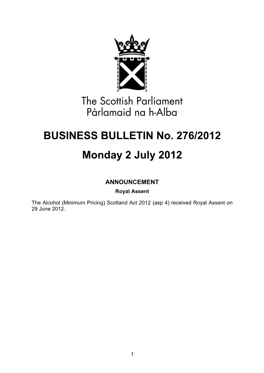 BUSINESS BULLETIN No. 276/2012 Monday 2 July 2012