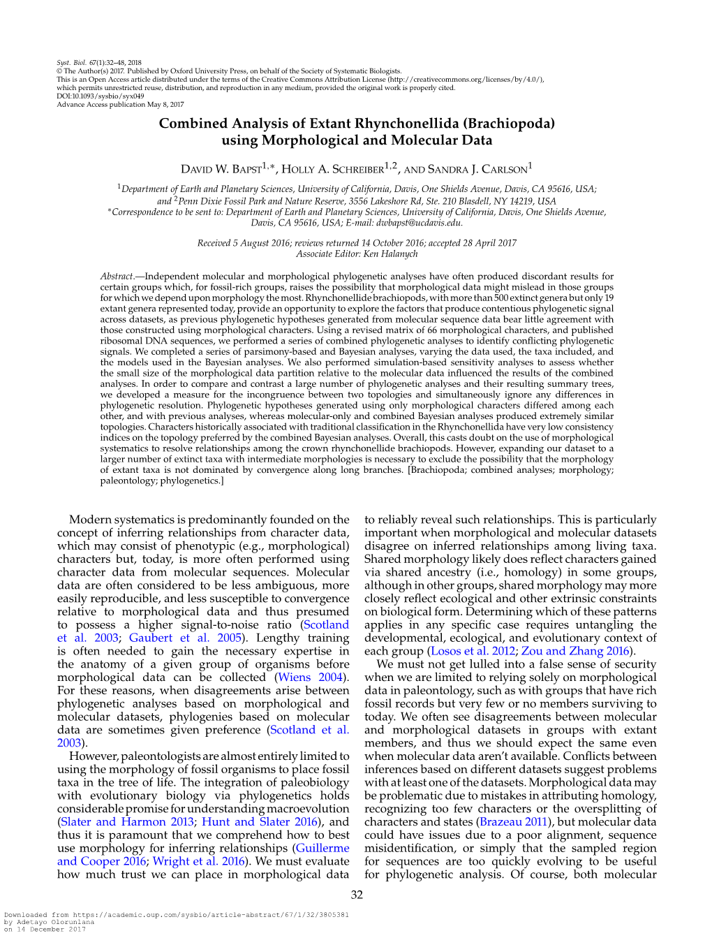 Combined Analysis of Extant Rhynchonellida (Brachiopoda) Using Morphological and Molecular Data