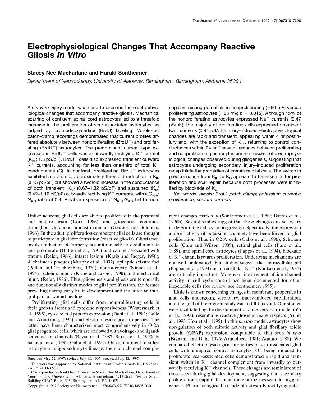 Electrophysiological Changes That Accompany Reactive Gliosis in Vitro