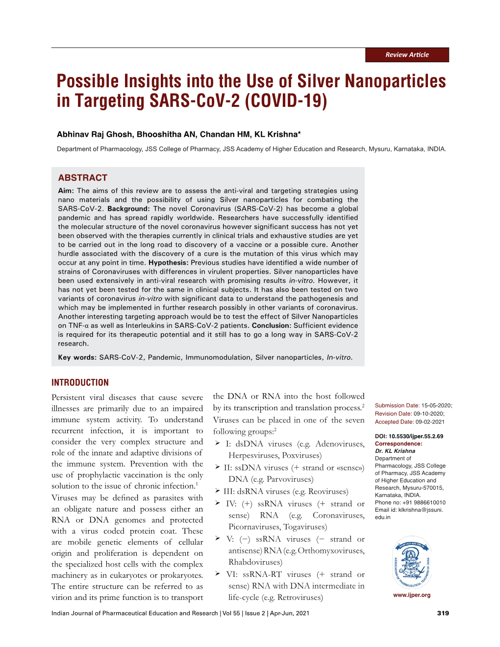 Possible Insights Into the Use of Silver Nanoparticles in Targeting SARS-Cov-2 (COVID-19)