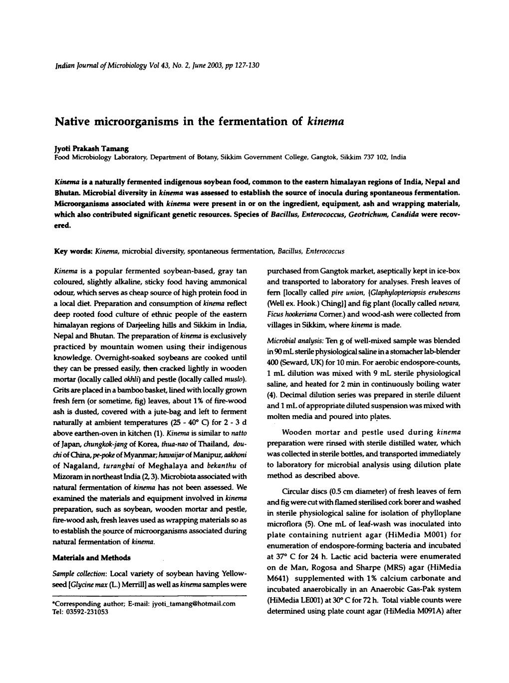 Native Microorganisms in the Fermentation of Kinema