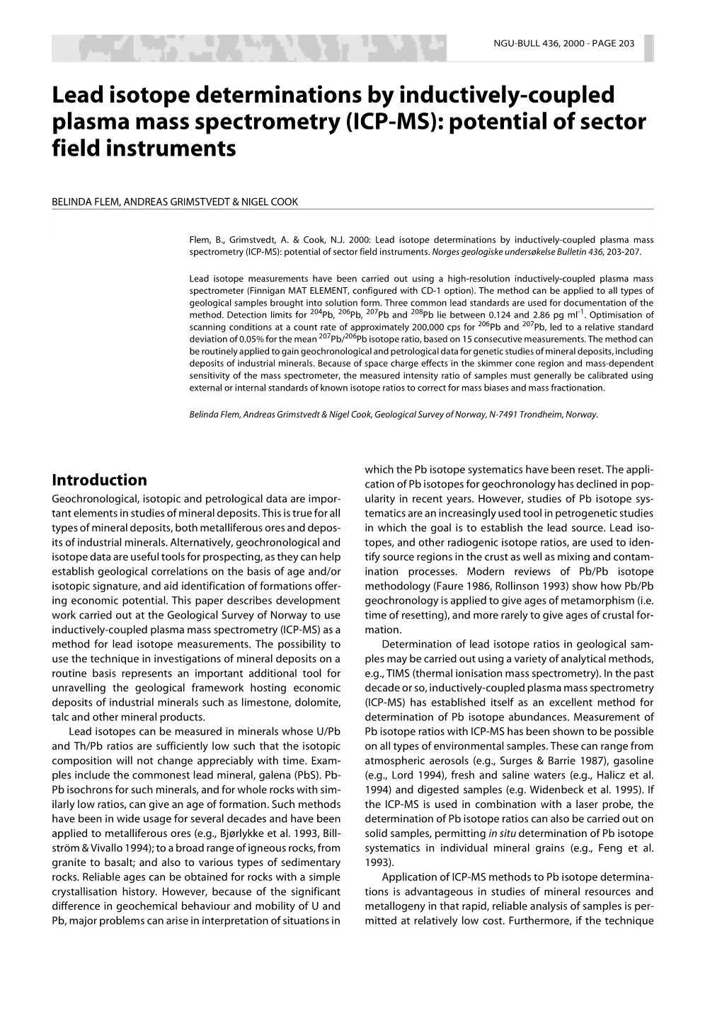 Lead Isotope Determinations by Inductively-Coupled Plasma Mass Spectrometry (ICP-MS): Potential of Sector Field Instruments