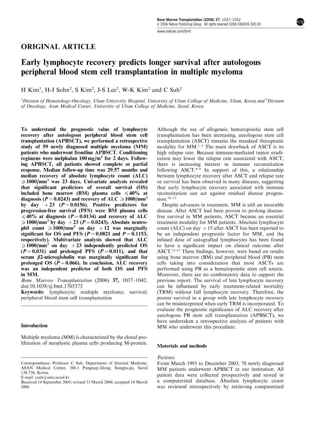 Early Lymphocyte Recovery Predicts Longer Survival After Autologous Peripheral Blood Stem Cell Transplantation in Multiple Myeloma