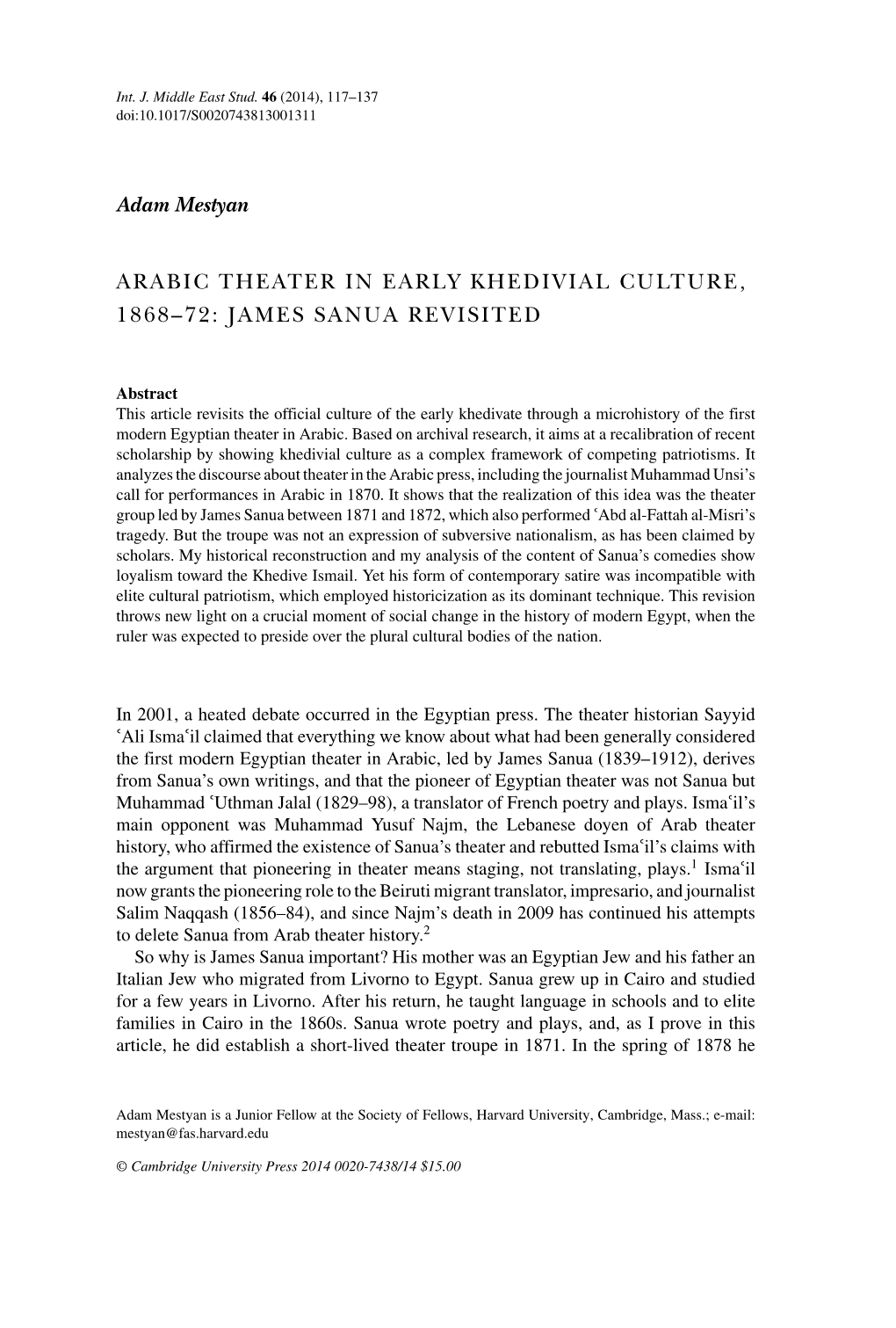 Adam Mestyan ARABIC THEATER in EARLY KHEDIVIAL CULTURE