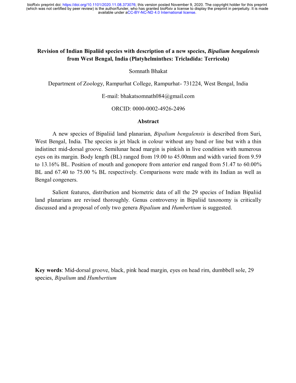 Revision of Indian Bipaliid Species with Description of a New Species, Bipalium Bengalensis from West Bengal, India (Platyhelminthes: Tricladida: Terricola)