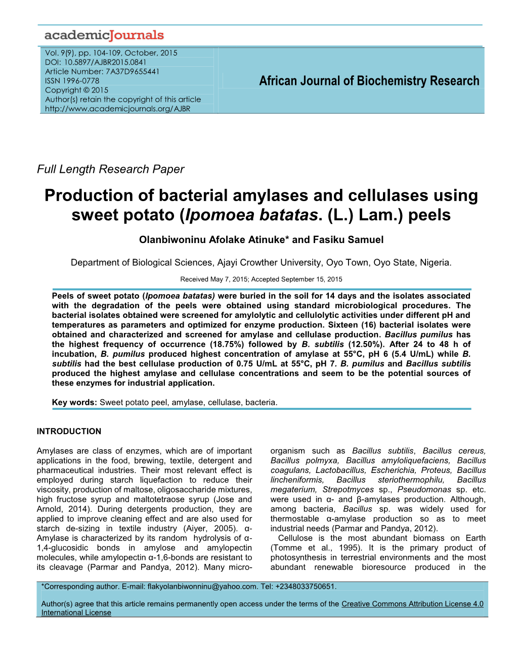 Production of Bacterial Amylases and Cellulases Using Sweet Potato (Ipomoea Batatas