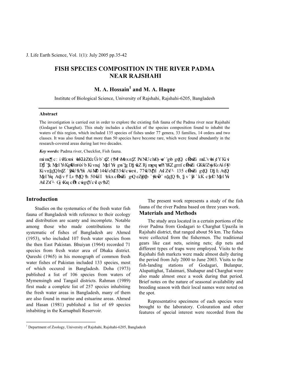 Fish Species Composition in the River Padma Near Rajshahi