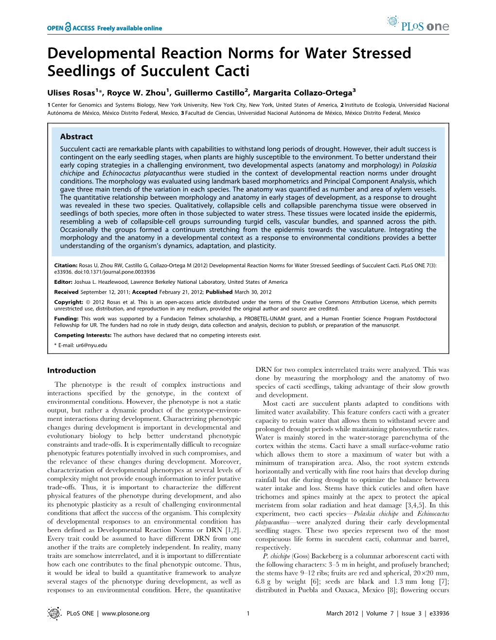 Developmental Reaction Norms for Water Stressed Seedlings of Succulent Cacti