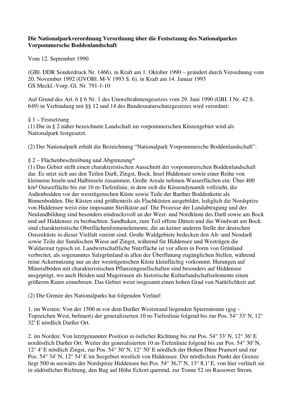 Die Nationalparkverordnung Verordnung Über Die Festsetzung Des Nationalparkes Vorpommersche Boddenlandschaft