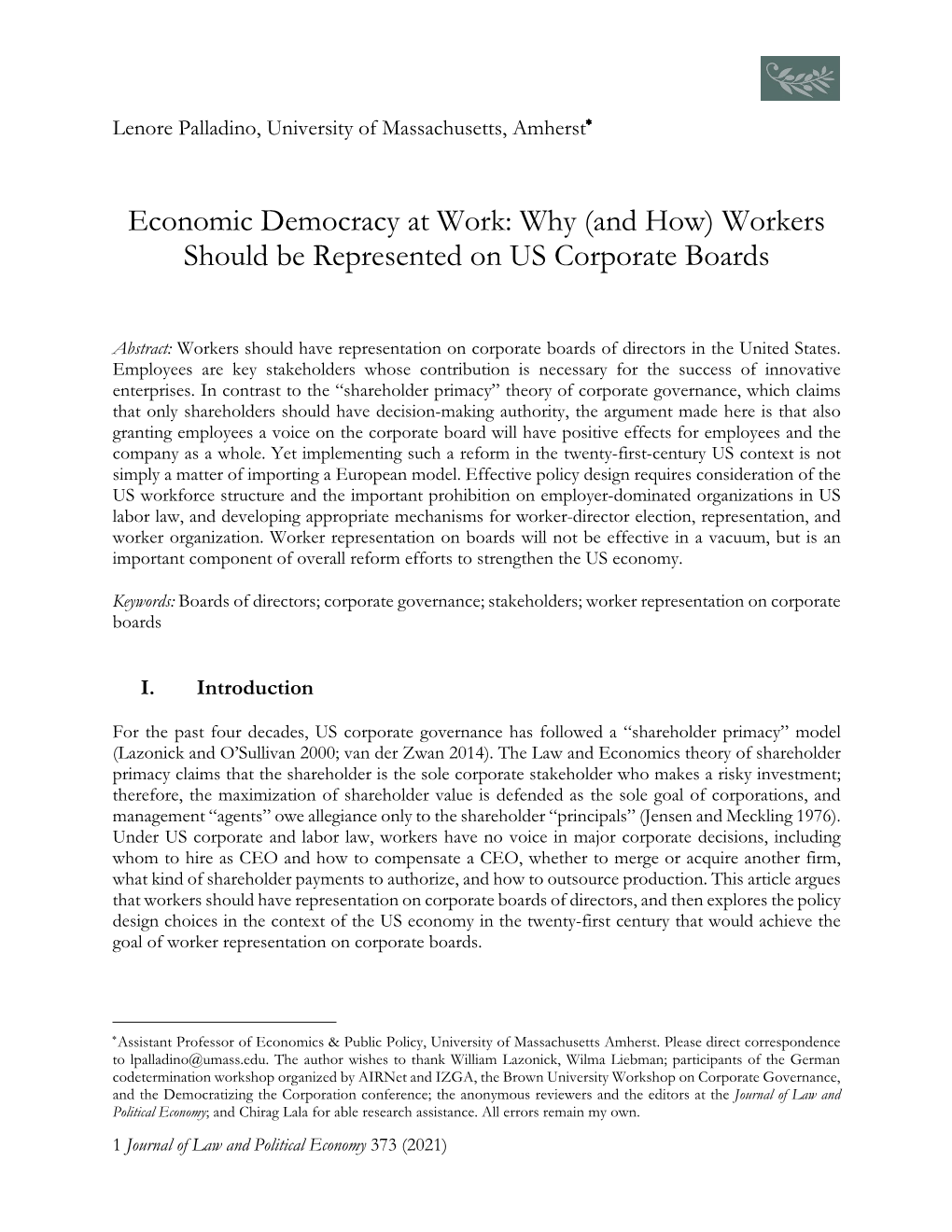 Economic Democracy at Work: Why (And How) Workers Should Be Represented on US Corporate Boards