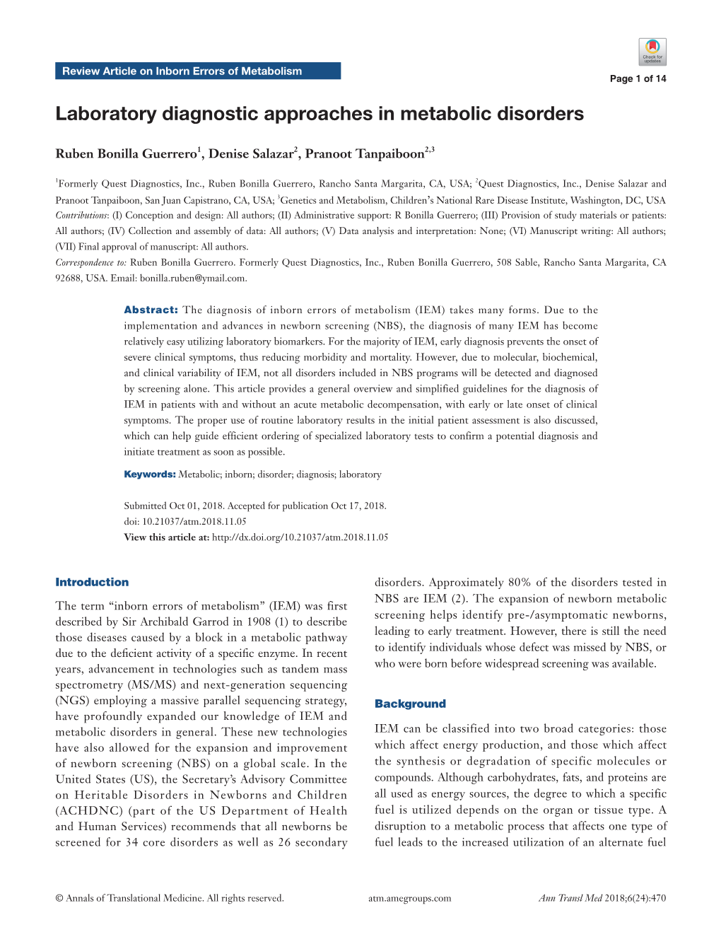 Laboratory Diagnostic Approaches in Metabolic Disorders