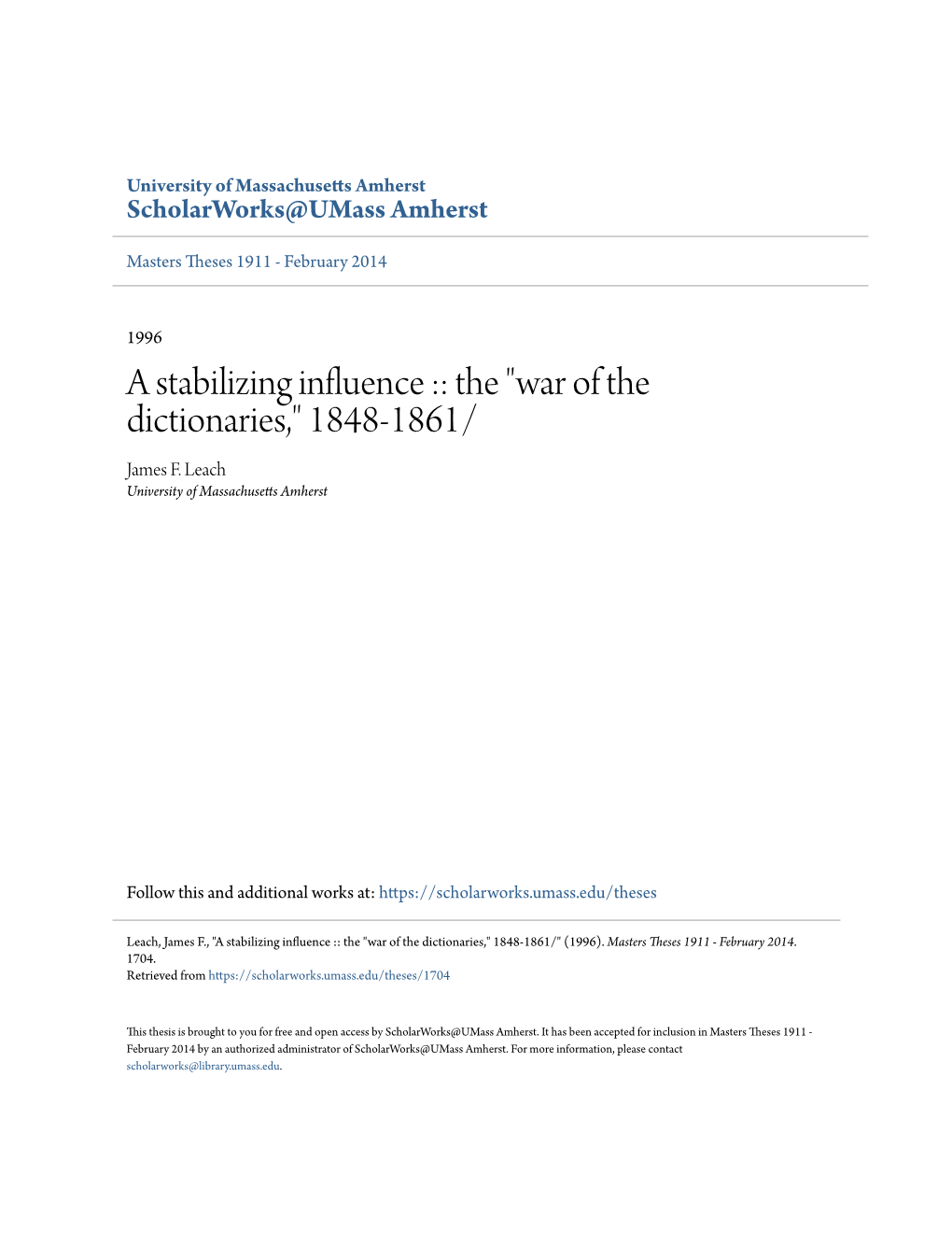 A Stabilizing Influence :: the "War of the Dictionaries," 1848-1861/ James F