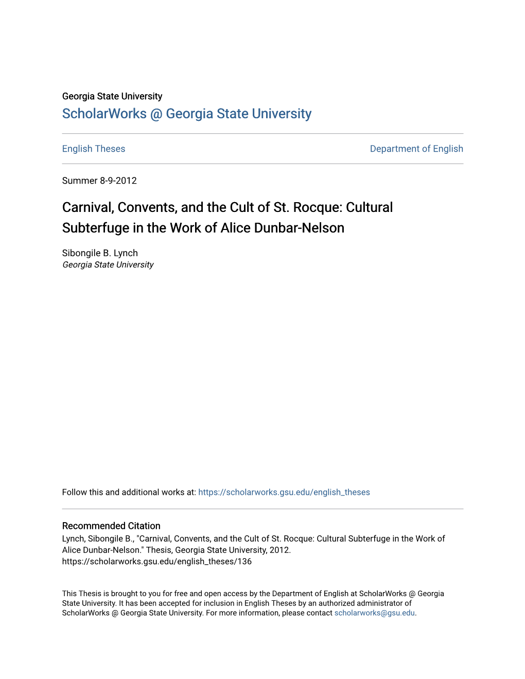 Carnival, Convents, and the Cult of St. Rocque: Cultural Subterfuge in the Work of Alice Dunbar-Nelson