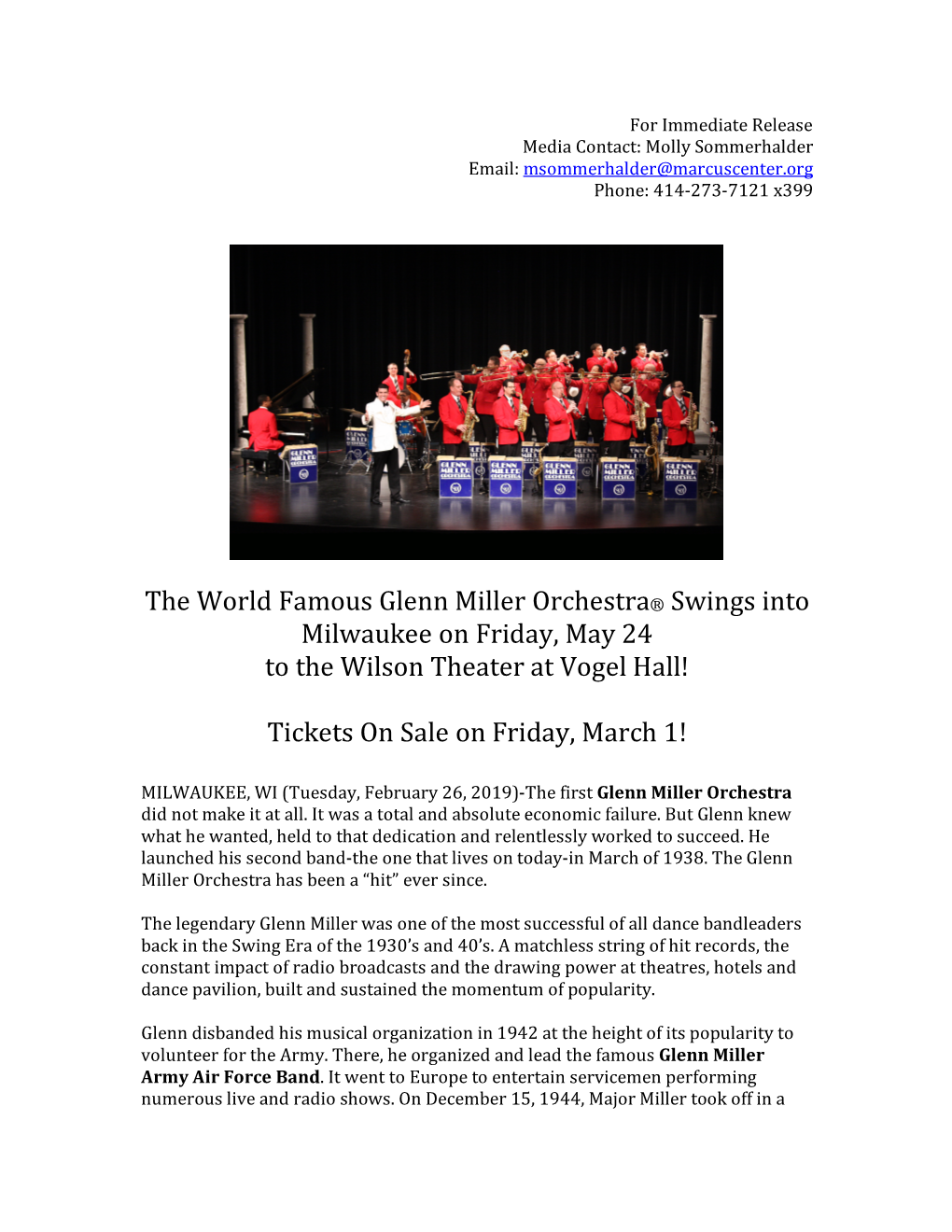 The World Famous Glenn Miller Orchestra® Swings Into Milwaukee on Friday, May 24 to the Wilson Theater at Vogel Hall!