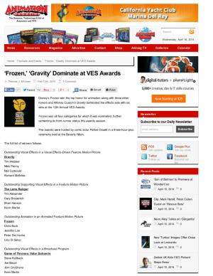 'Frozen,' 'Gravity' Dominate at VES Awards