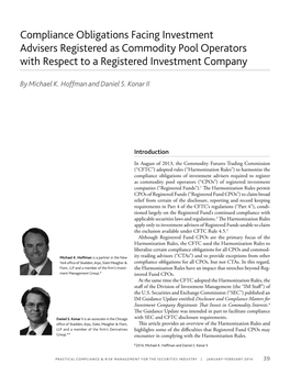 Compliance Obligations Facing Investment Advisers Registered As Commodity Pool Operators with Respect to a Registered Investment Company