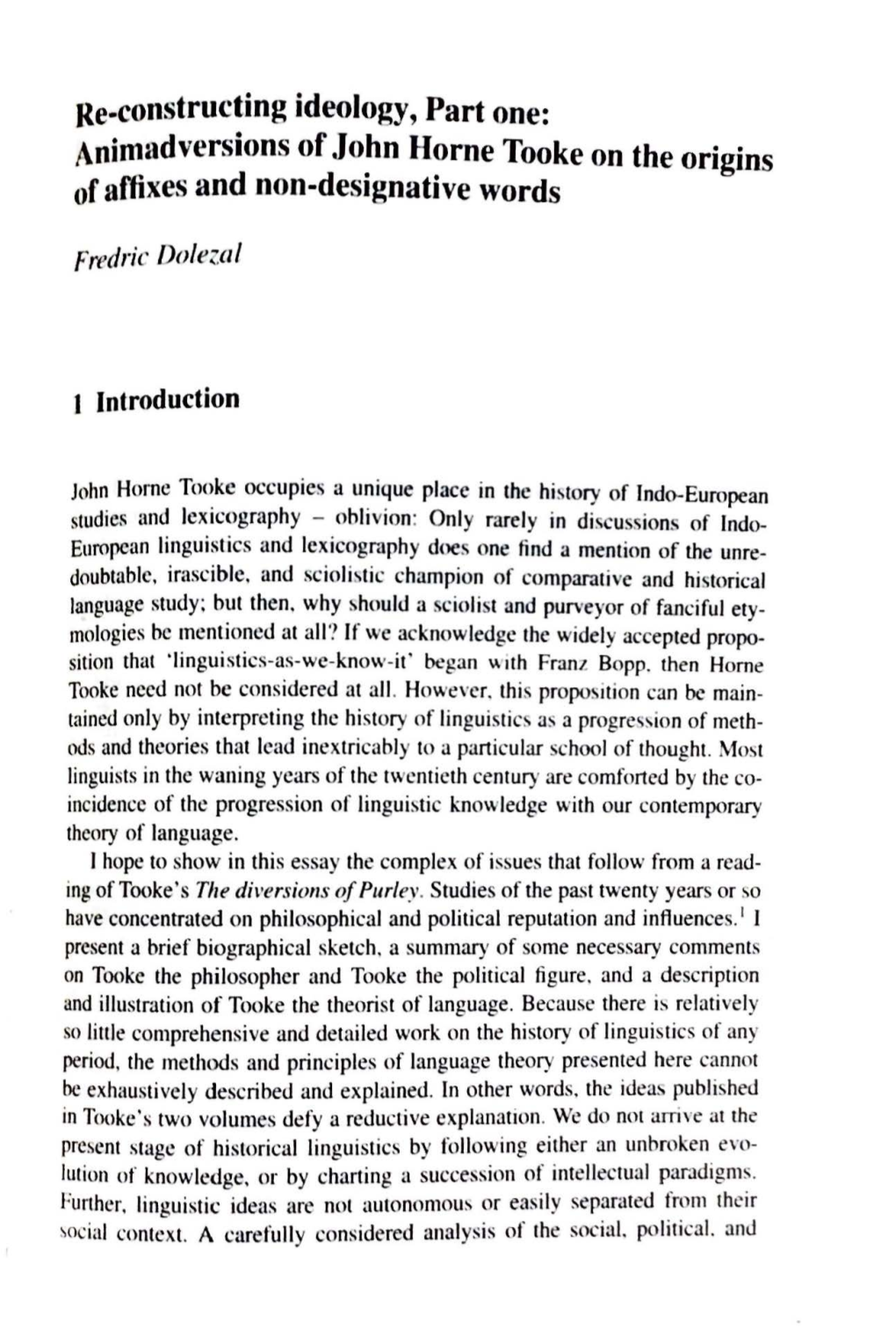 Re-Constructing Ideology, Part One: Animadversions of John Horne Tooke on the Origins of Affixes and Non-Designative Words