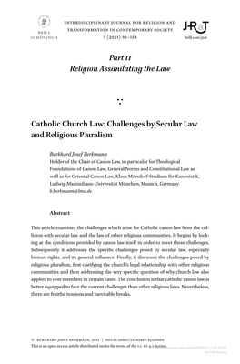 Part Ii Religion Assimilating the Law Catholic Church Law: Challenges