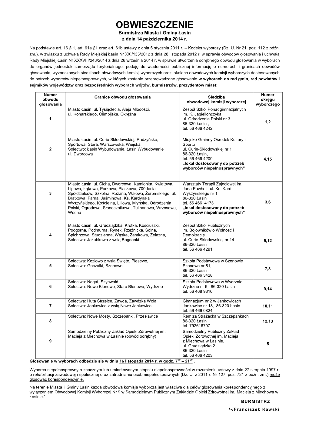 OBWIESZCZENIE Burmistrza Miasta I Gminy Łasin Z Dnia 14 Października 2014 R