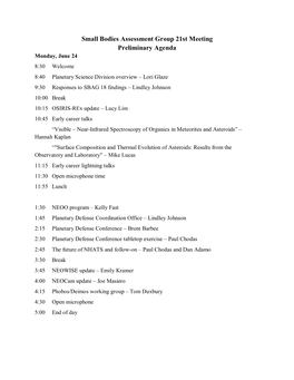 Small Bodies Assessment Group 21St Meeting Preliminary Agenda