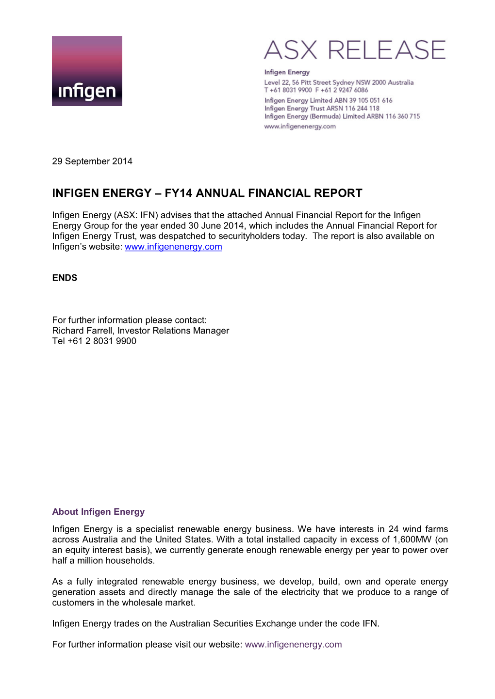 Infigen Energy – Fy14 Annual Financial Report