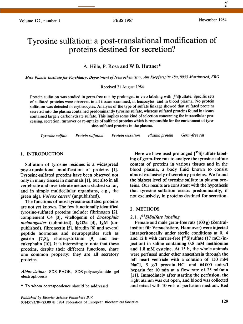 Tyrosine Sulfation: a Post-Translational Modification of Proteins Destined for Secretion?