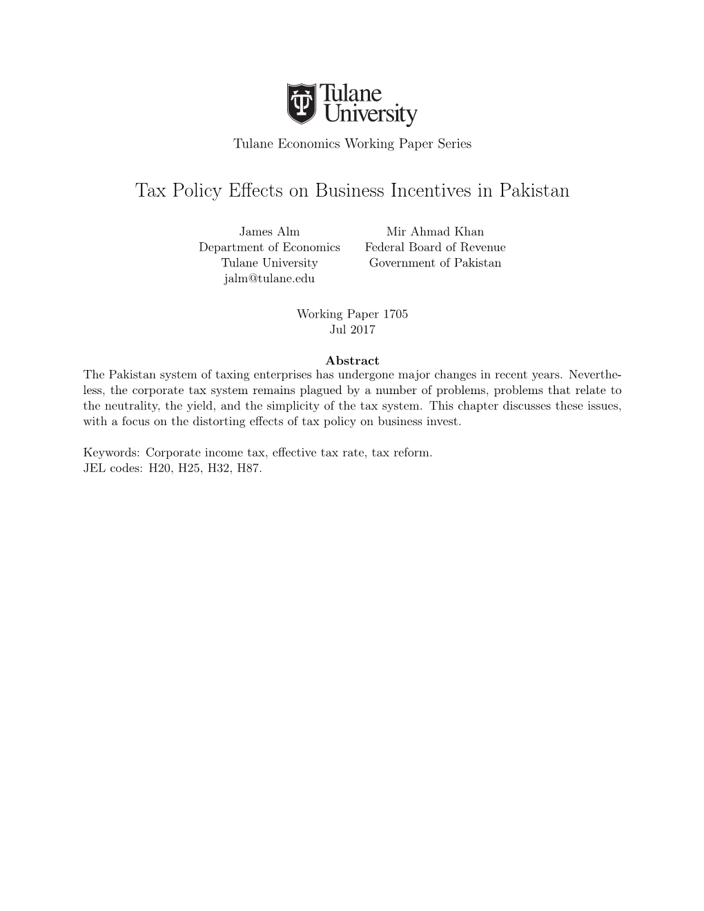 Tax Policy Effects on Business Incentives in Pakistan