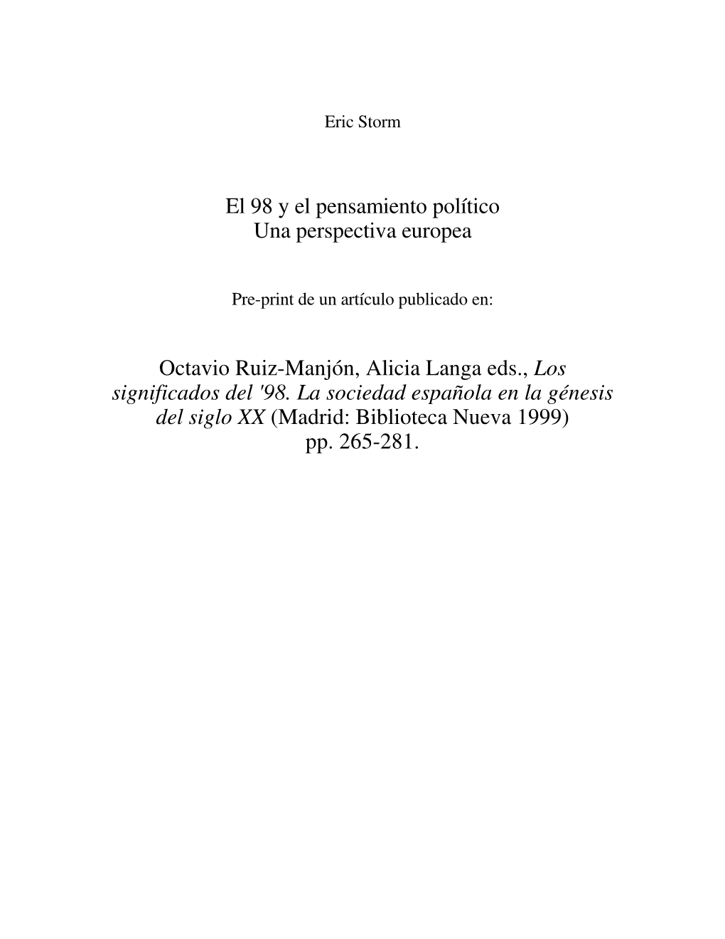 El 98 Y El Pensamiento Político Una Perspectiva Europea Octavio Ruiz