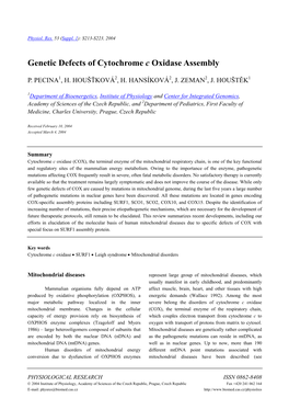 Genetic Defects of Cytochrome C Oxidase Assembly