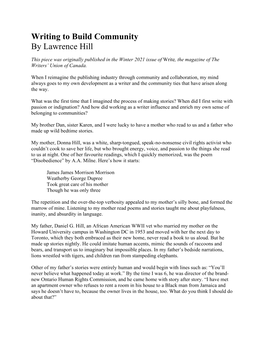 Writing to Build Community by Lawrence Hill