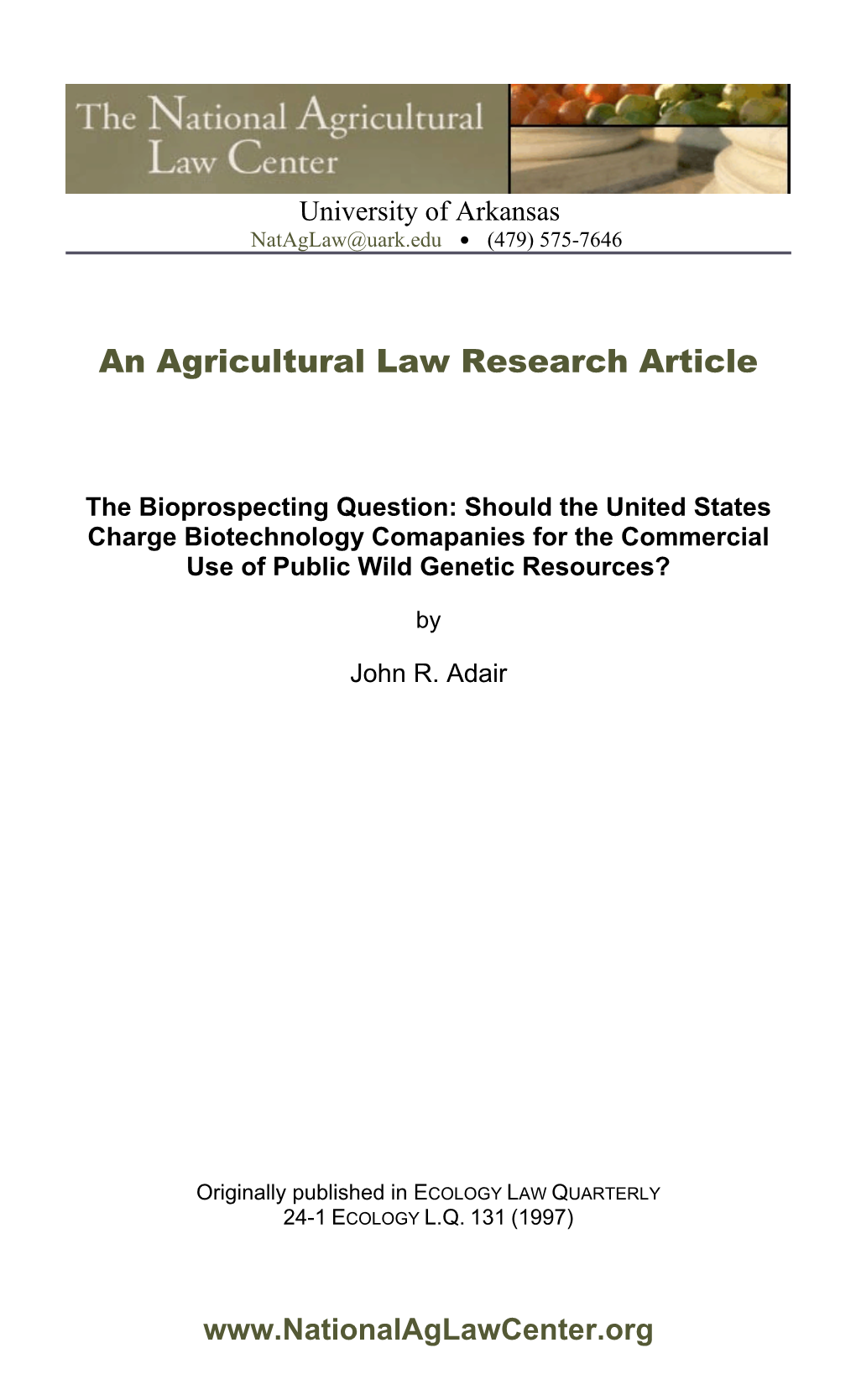 An Agricultural Law Research Article