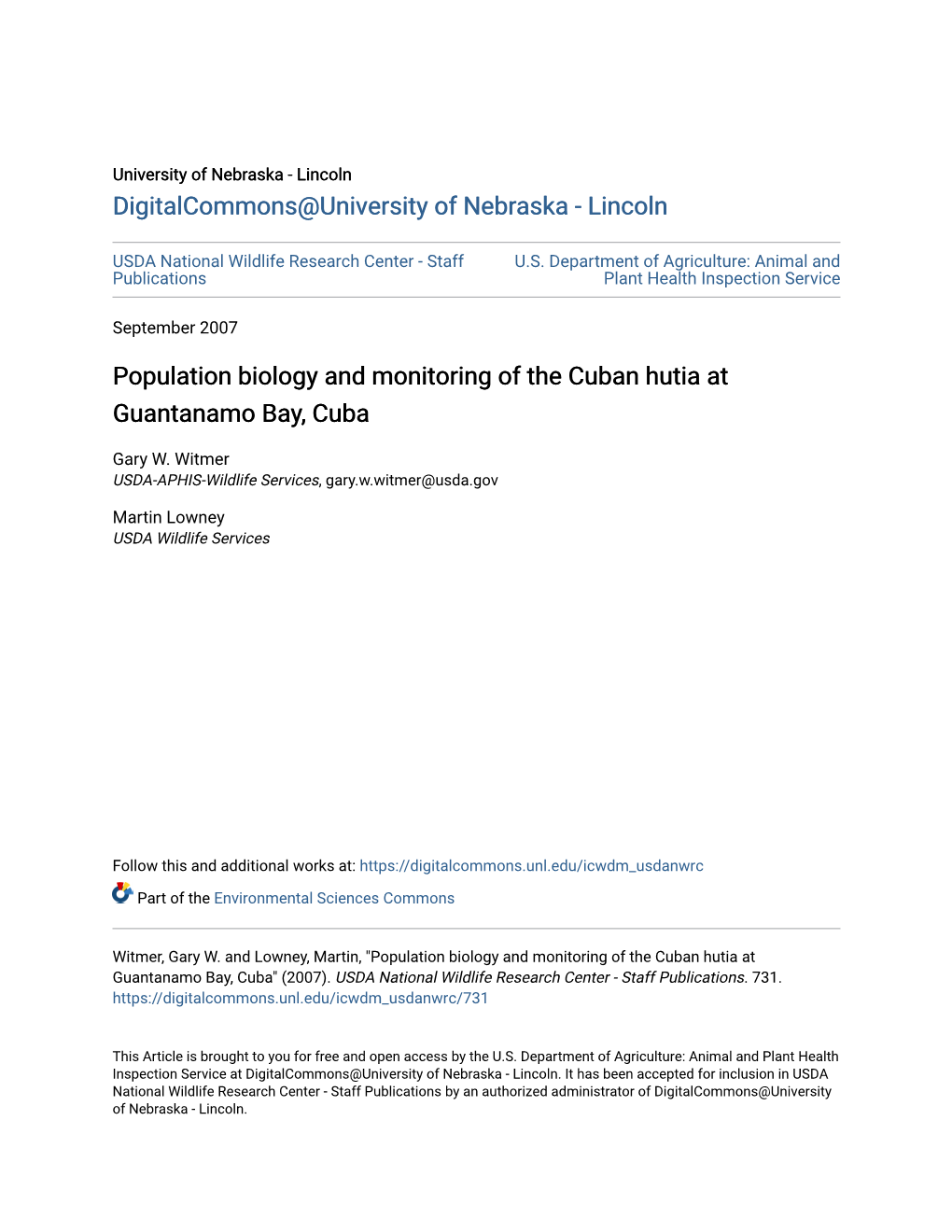 Population Biology and Monitoring of the Cuban Hutia at Guantanamo Bay, Cuba