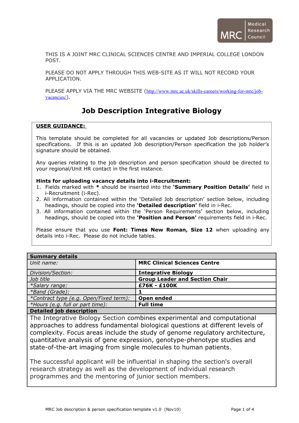 Job Description and Person Specification Template s2