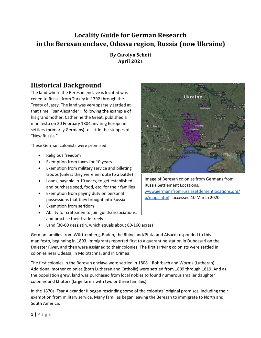 Locality Guide for German Research in the Beresan Enclave, Odessa Region, Russia (Now Ukraine) by Carolyn Schott April 2021
