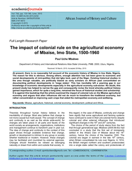 The Impact of Colonial Rule on the Agricultural Economy of Mbaise, Imo State, 1500-1960